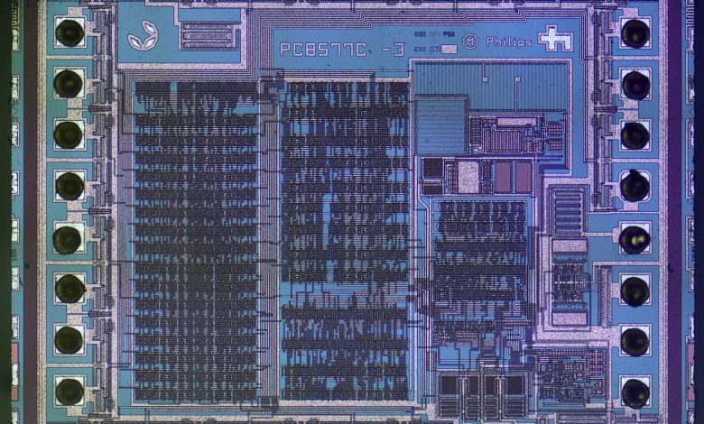 A microchip and circuit board in close view