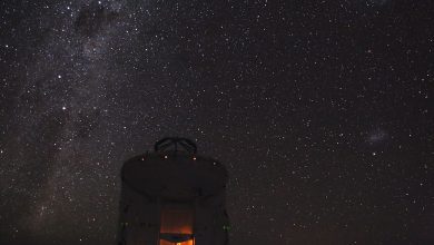 A telescope at an observatory silhouetted against a clear night sky filled with stars.