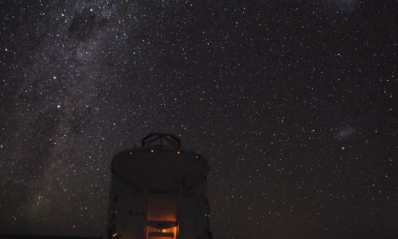 A telescope at an observatory silhouetted against a clear night sky filled with stars.